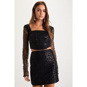 Lulus Twice As Flirty Black Sequin Mesh Bustier Two-piece Mini Dress - Size S